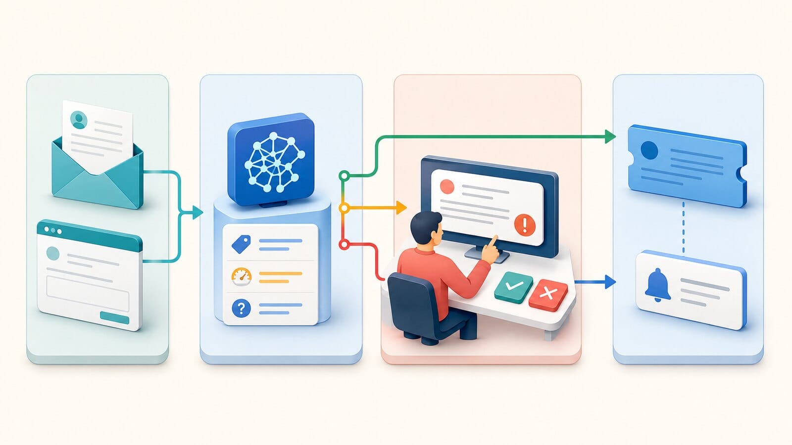 Illustrazione di un workflow semplice con richiesta, classificazione AI, controllo umano e risposta