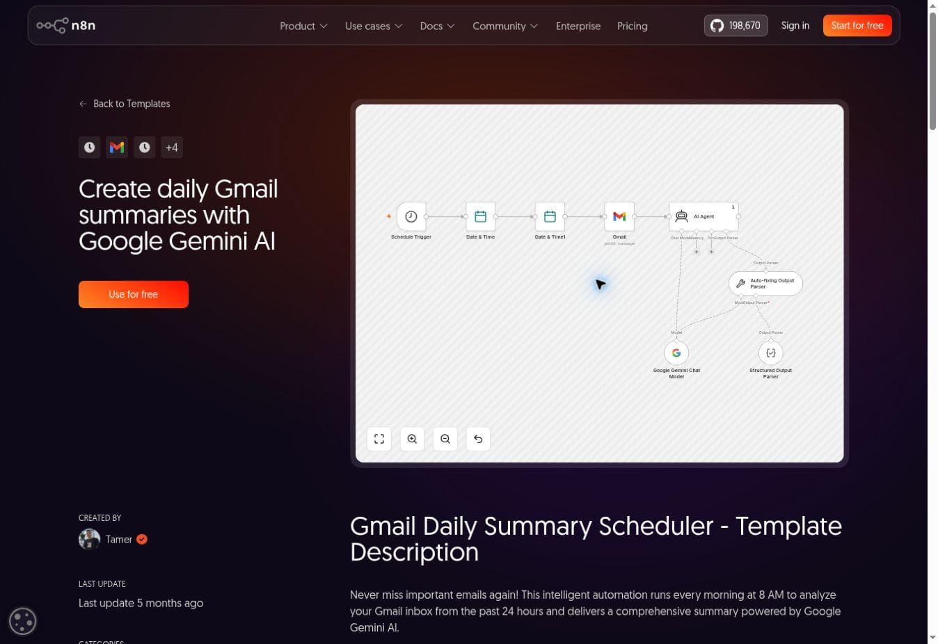 Schermata di un workflow n8n che ogni mattina legge Gmail e crea un riepilogo con Google Gemini