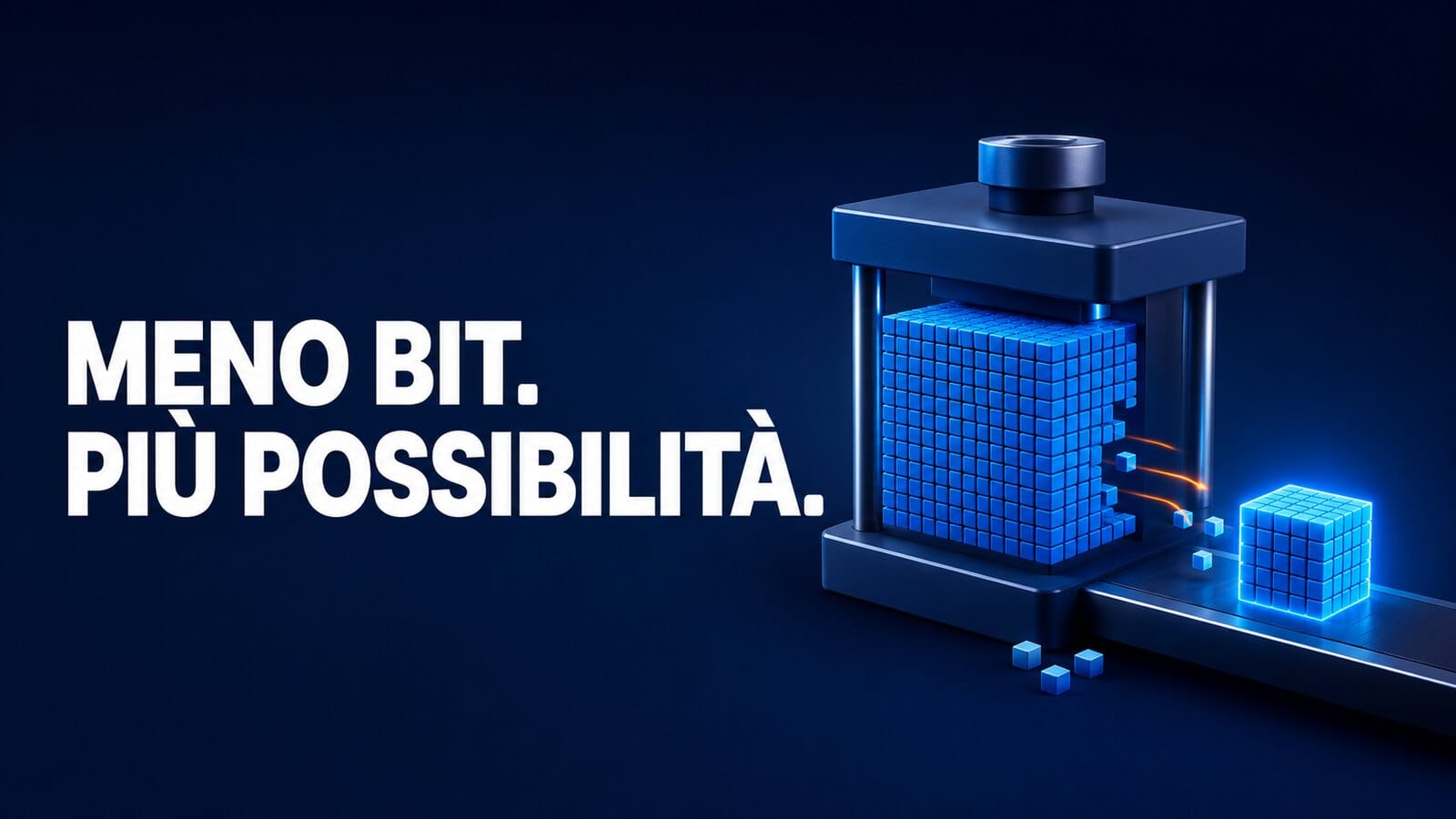 Modello AI compresso in un blocco più piccolo con la frase Meno bit. Più possibilità.