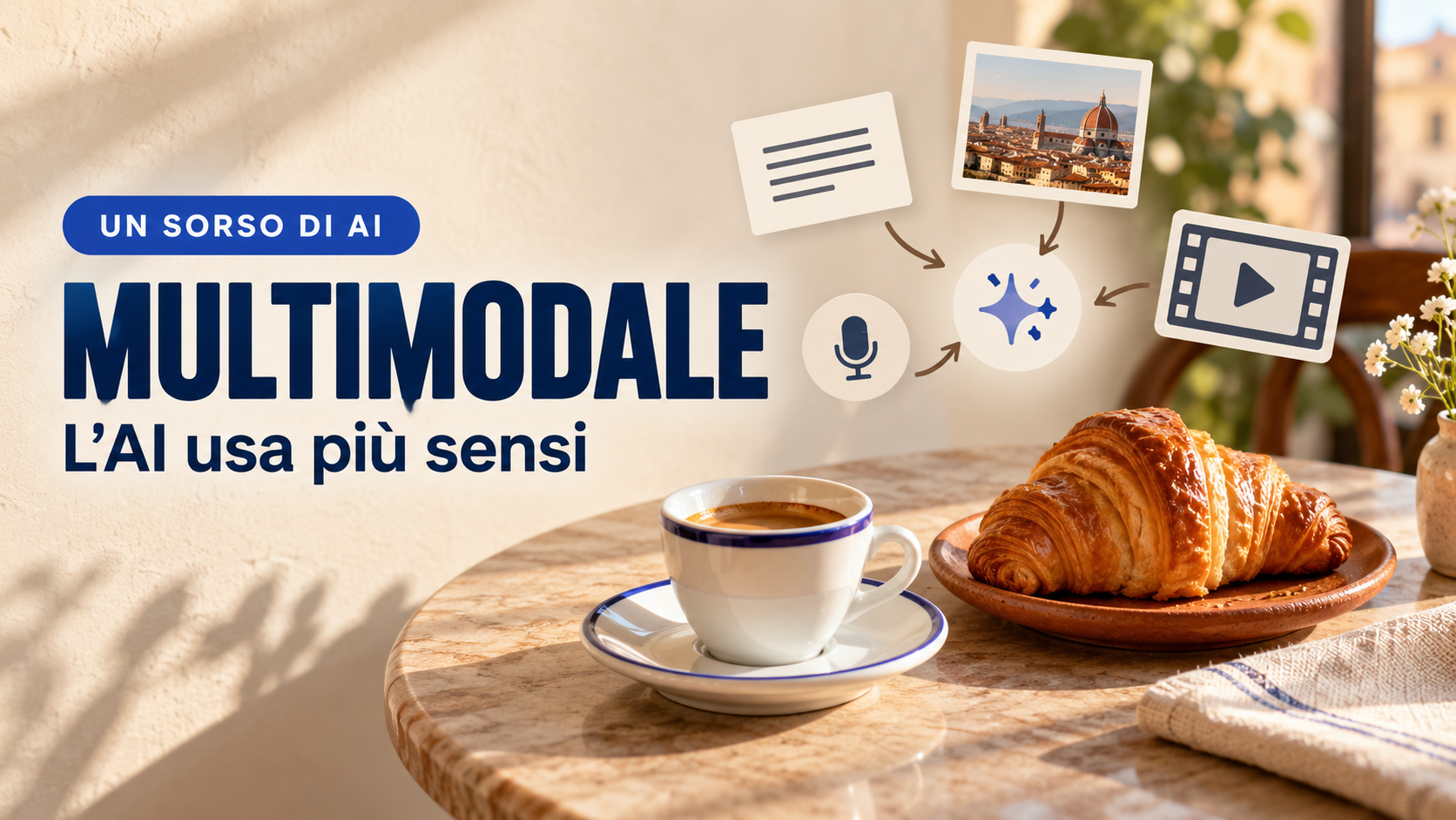 Copertina di Un sorso di AI: espresso e croissant con il titolo Multimodale, l’AI usa più sensi.