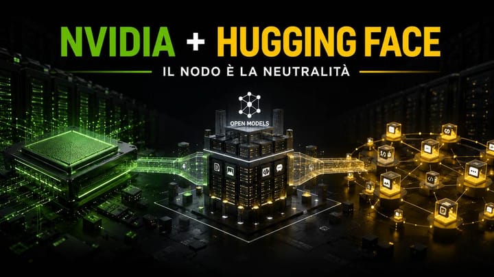 Chip Nvidia collegato a un hub di modelli aperti, simbolo della possibile acquisizione di Hugging Face