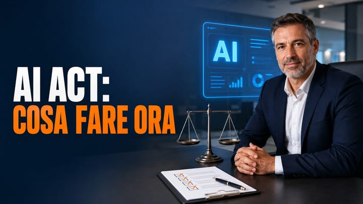 Responsabile aziendale con checklist, bilancia e interfaccia AI per l’adeguamento all’AI Act