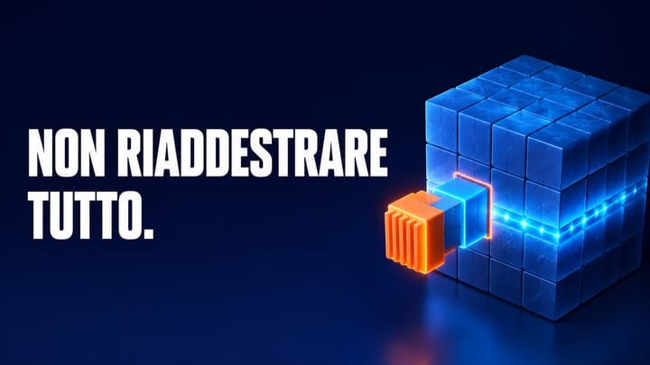 Piccolo adapter LoRA innestato in un grande modello AI con la frase Non riaddestrare tutto