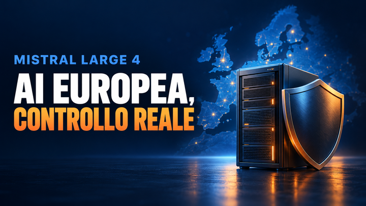 Copertina Mistral Large 4: server protetto da uno scudo davanti a una mappa dell’Europa, con il testo AI europea, controllo reale.